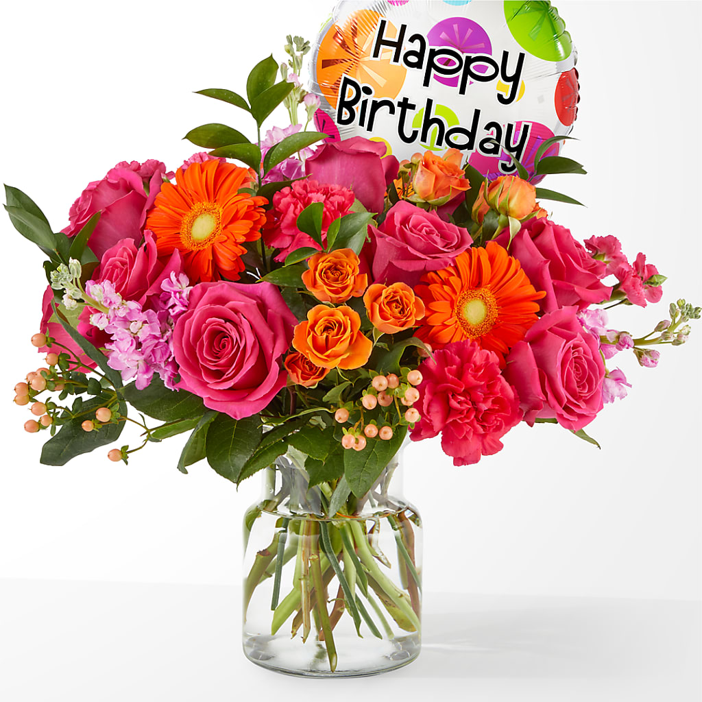 Fiesta Bouquet with Birthday Balloon – Seaside Stems, Old Saybrook CT