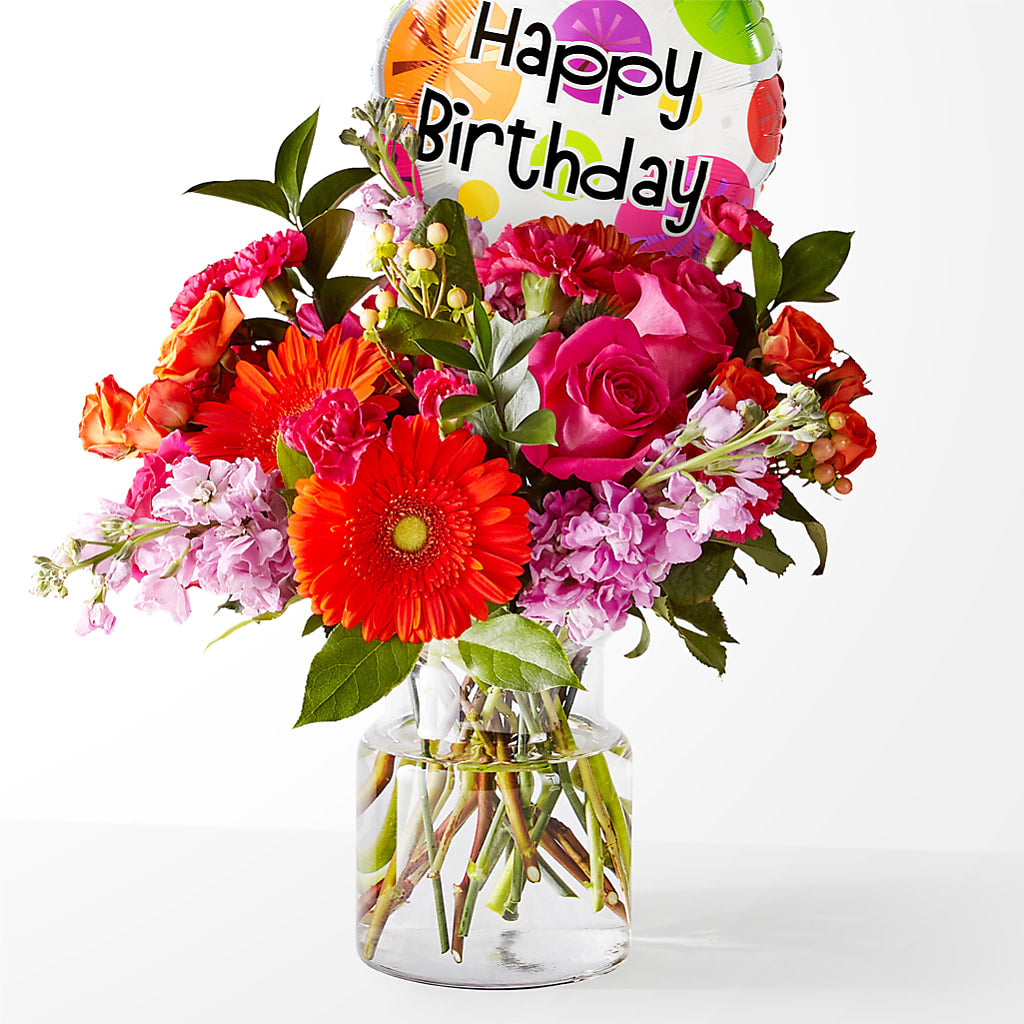 Fiesta Bouquet with Birthday Balloon – Seaside Stems, Old Saybrook CT