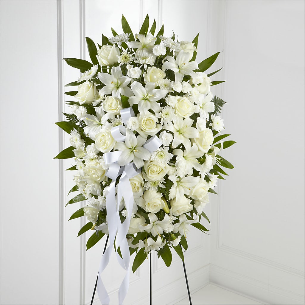 Exquisite Tribute Standing Spray-White Ribbon – Seaside Stems, Old Saybrook CT