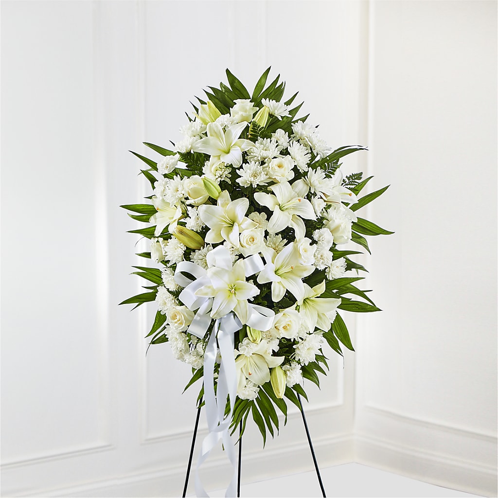 Exquisite Tribute Standing Spray-White Ribbon – Seaside Stems, Old Saybrook CT
